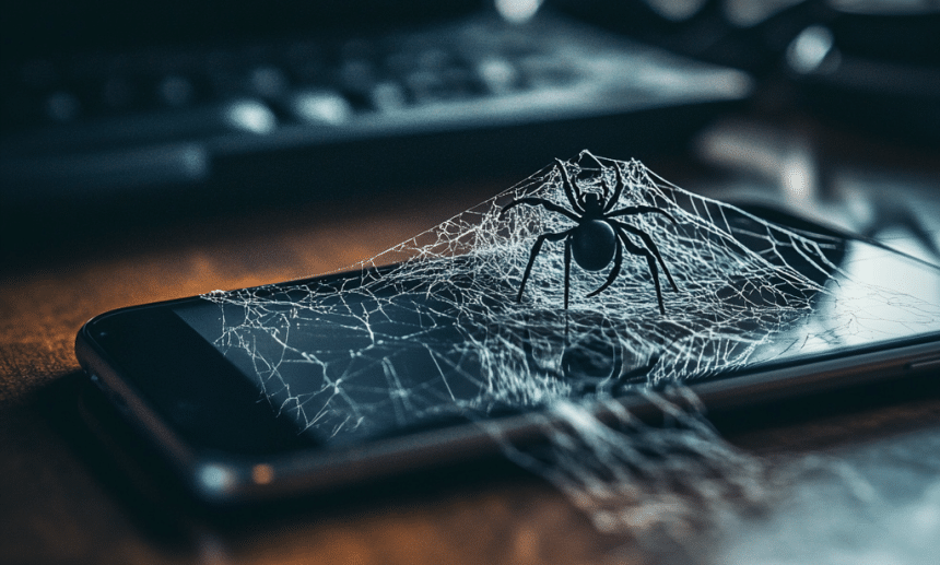 Spider infested smartphone representing the wangiri fraud